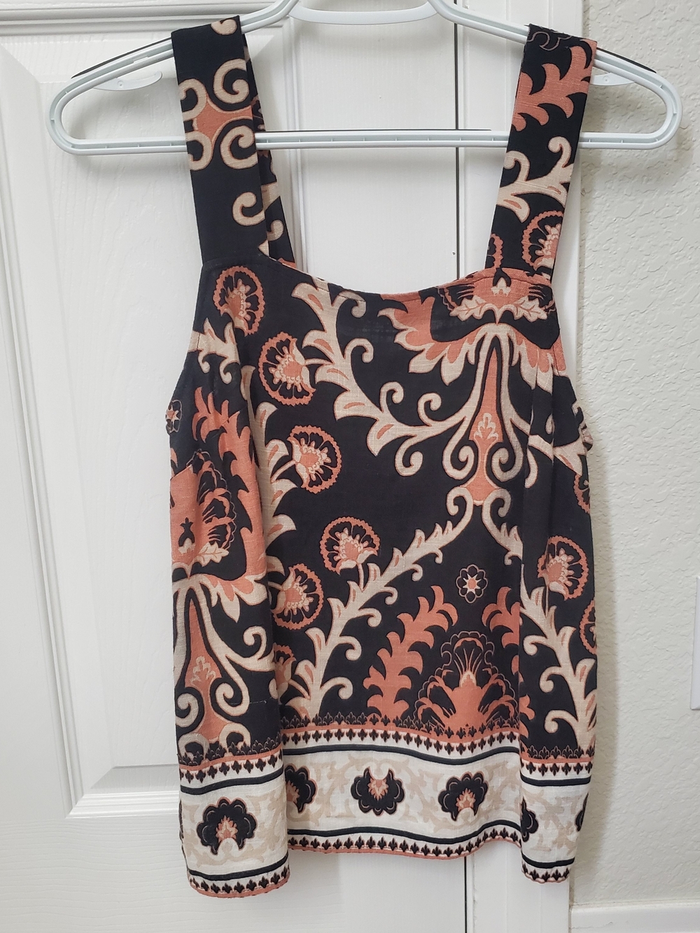 Sanctuary Black Tank with Peach and Cream Scroll Print Rayon Linen